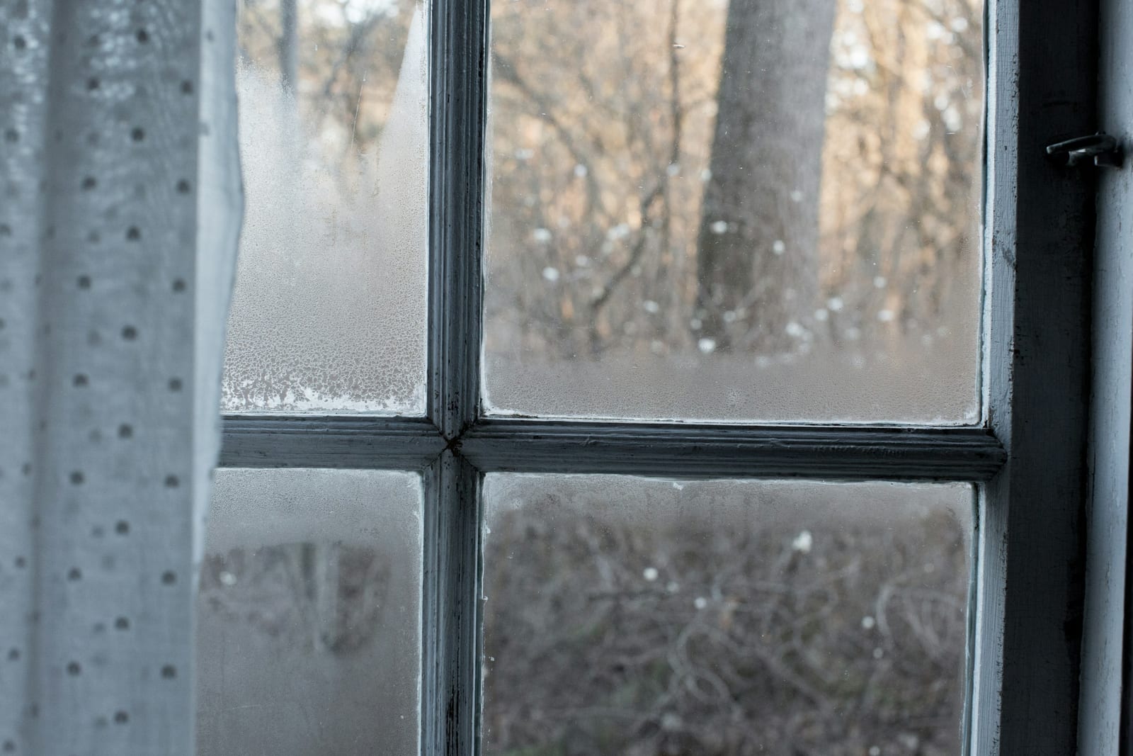Condensation trapped between the panes of an older multi-pane window, the signature of a failed seal